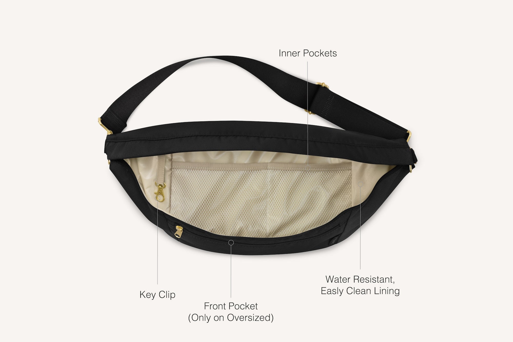 diagram of front of black fanny pack