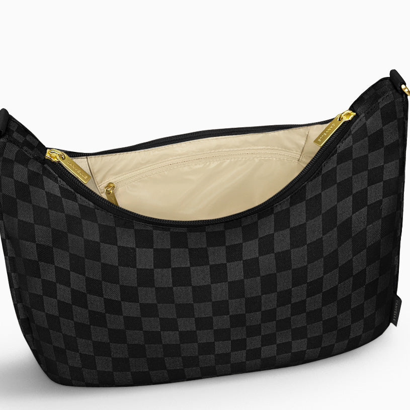 Open large black checkered Canvelle Hobo Handbag showing the interior zip pocket and wipeable water-resistant lining.