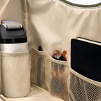 Open large olive Canvelle Hobo Handbag showing the beverage pocket, wipeable water-resistant lining, and three elastic mesh pockets.