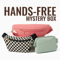 Hands-Free Mystery Box: a pink Canvelle fanny pack, a black and cream checkered fanny pack and a mint belt bag, with the words Hands-Free Mystery Box above them