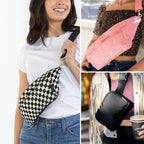 Collage of a checkered Canvelle fanny pack, a pink Canvelle sling bag and a black Canvelle belt bag, each worn across the chest