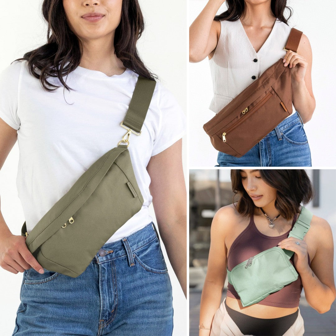 Collage of an olive Canvelle fanny pack, a brown Canvelle fanny pack and a mint Canvelle belt bag, each worn across the chest