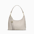 Canvelle Hobo Handbag in grey recycled polyester canvas with gold hardware – front view with shoulder strap.
