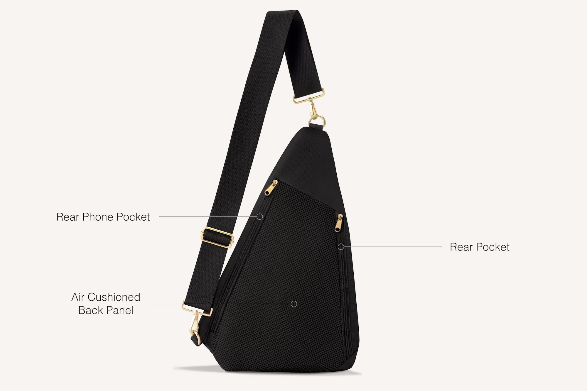 diagram of back of black sling bag