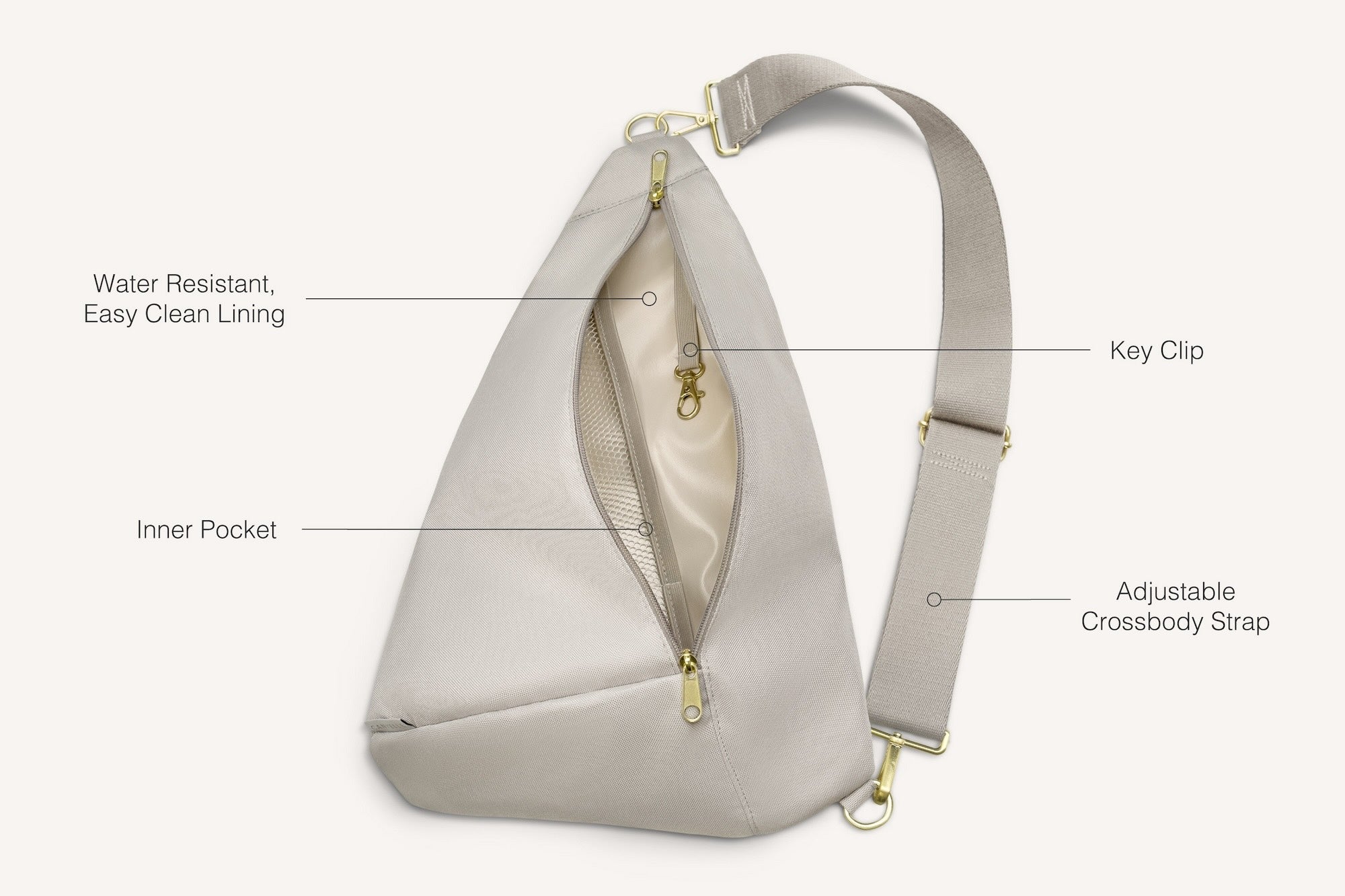 diagram of front of grey sling bag