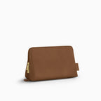 Canvelle Toiletry Bag in medium brown recycled polyester canvas with gold hardware - Front view.
